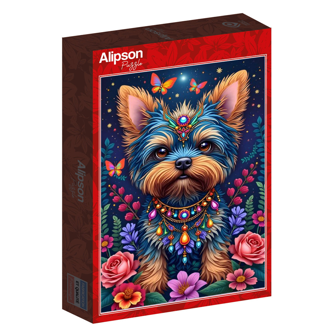 En hund i ett blomsterhav