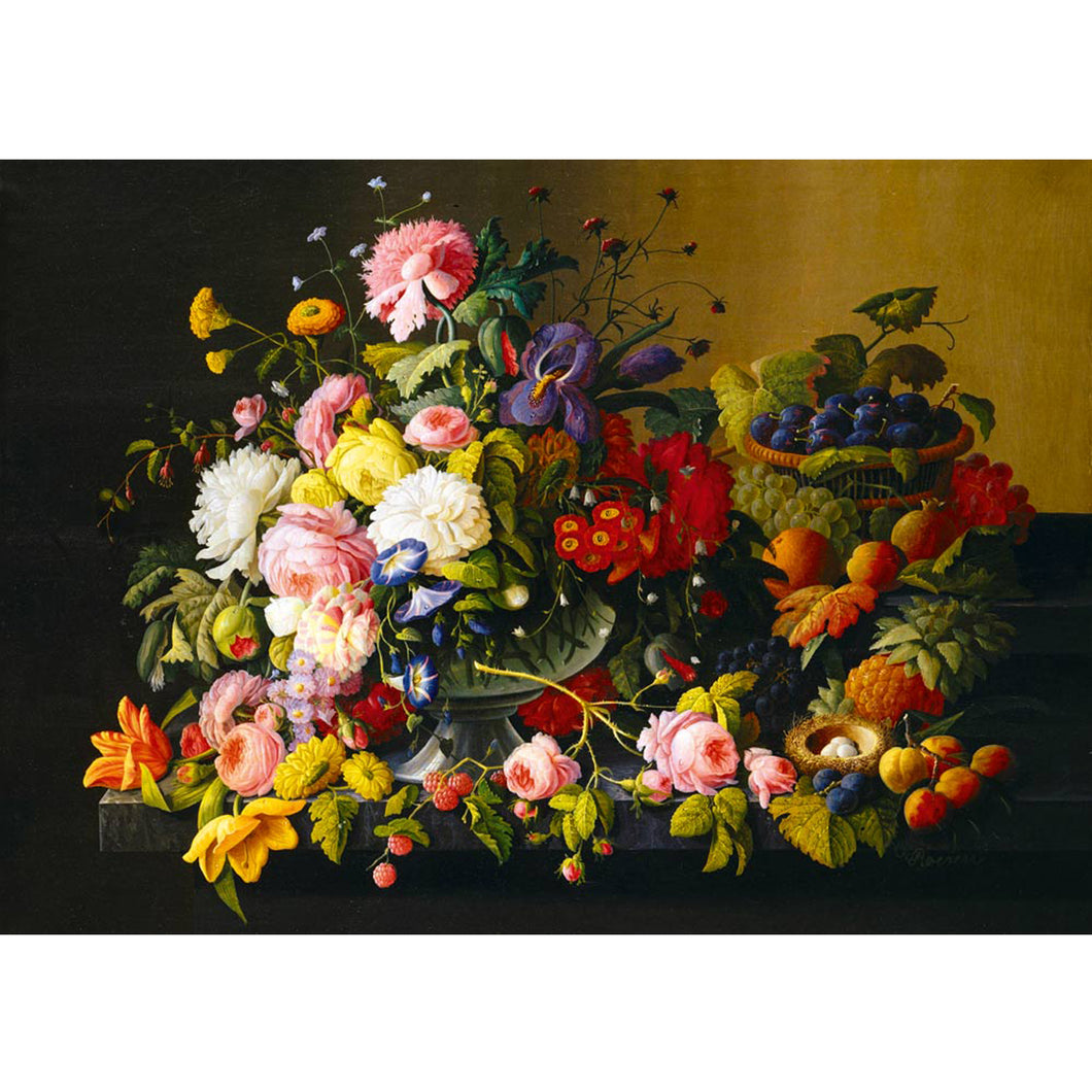 Still life, flowers and fruit