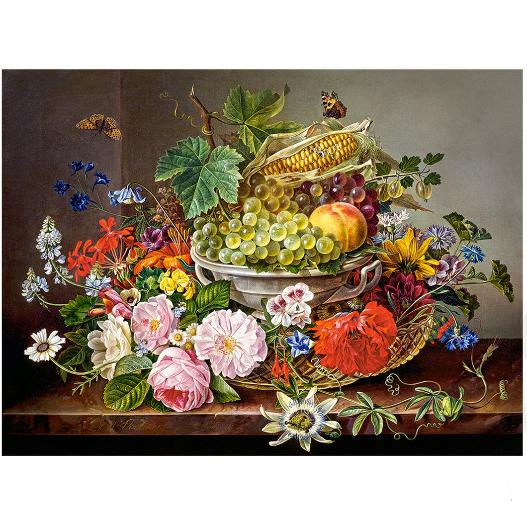 Still life with flowers and fruit
